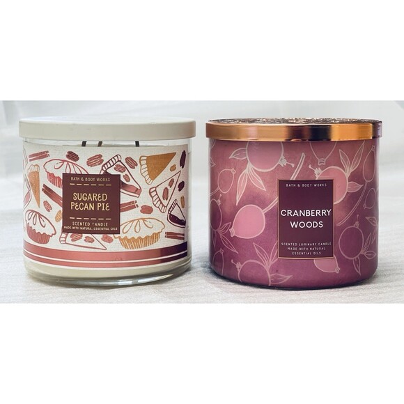 2 LOT Bath & Body Works 3-Wick Candles – Sugar Pecan Pie & Cranberry Woods – NEW - Picture 1 of 9